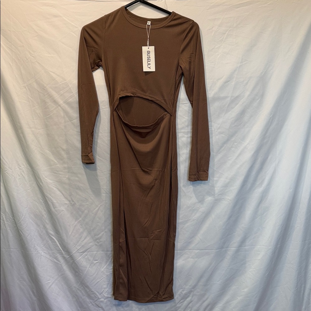 Auselily Bodycon Brown Long Sleeve Maxi Cutout‎ Dress